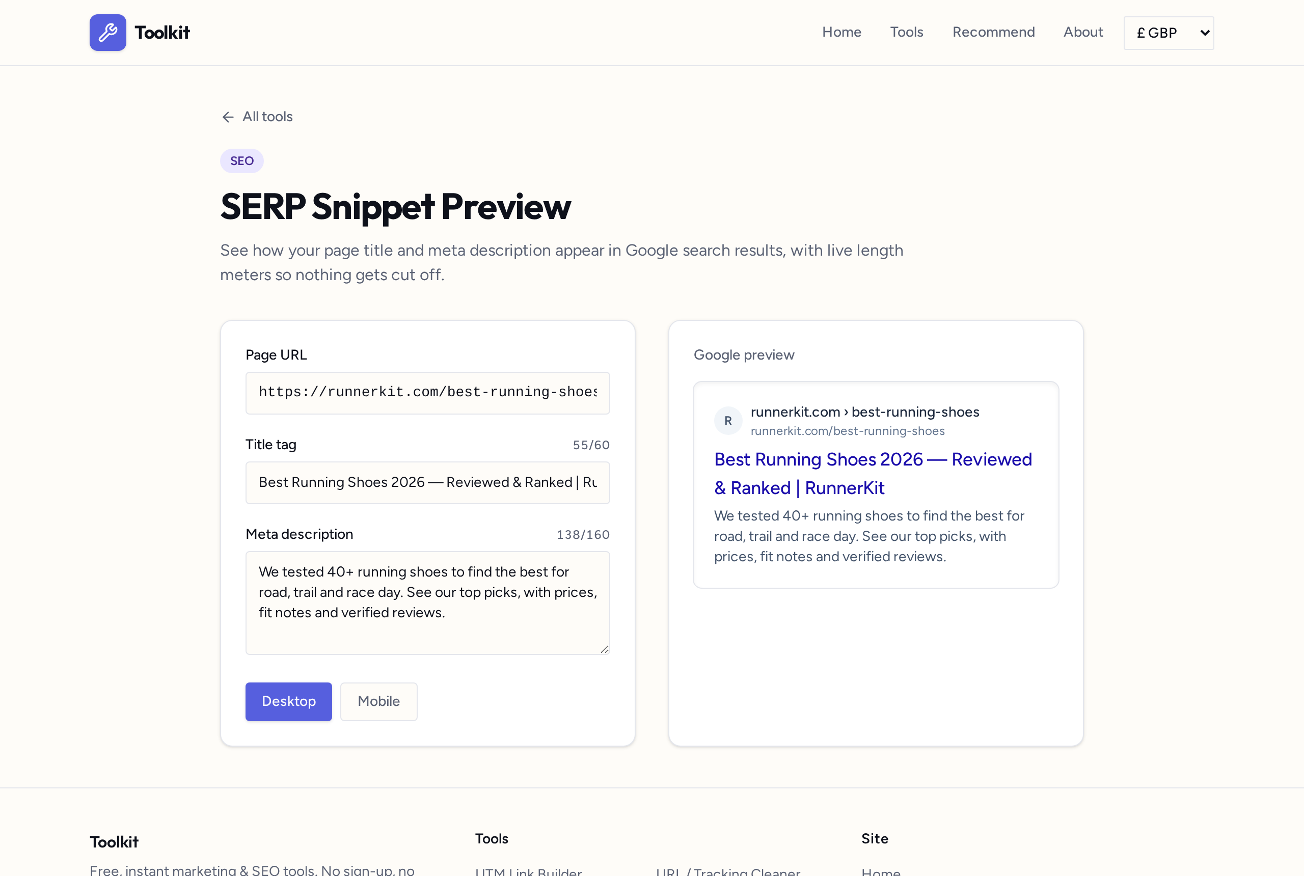 SERP snippet preview showing a Google-style search result with title and description length meters