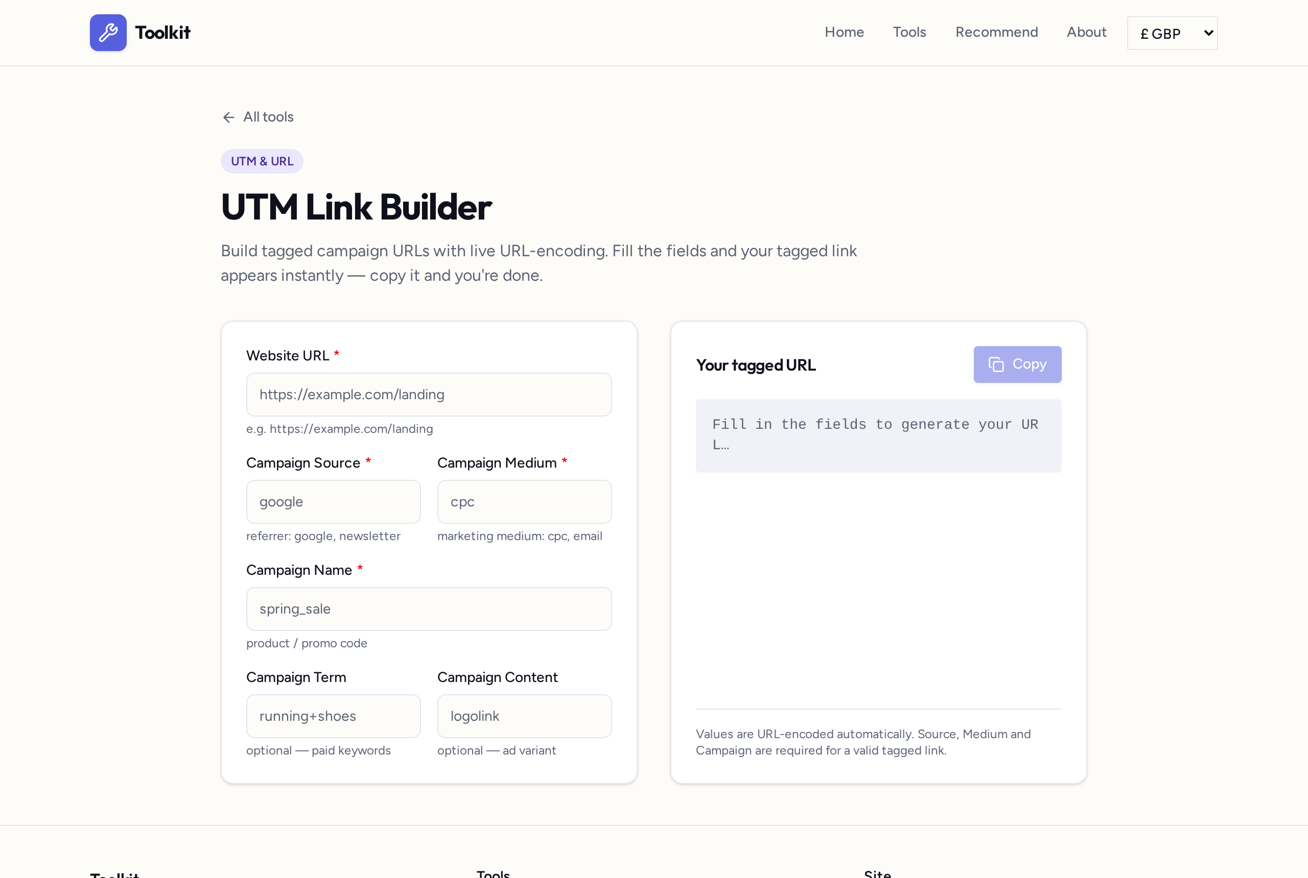 UTM Link Builder tool showing a tagged campaign URL being generated live